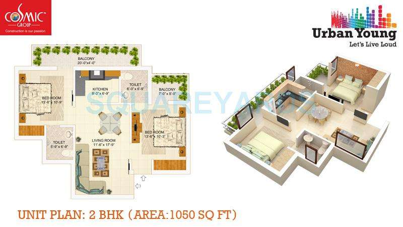 2 BHK 1050 Sq. Ft. Apartment in Cosmic Urban Young
