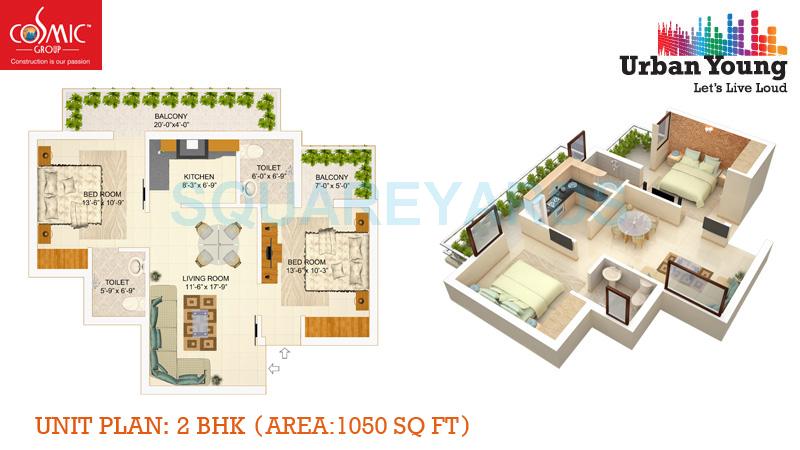 Floor plan of 2 BHK 1050 Sq. Ft. Apartment in Cosmic Urban Young, Greater Noida