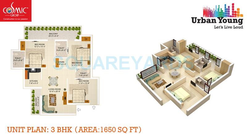 Floor plan of 3 BHK 1650 Sq. Ft. Apartment in Cosmic Urban Young, Greater Noida