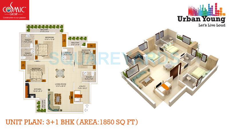 Floor plan of 3 BHK 1850 Sq. Ft. Apartment in Cosmic Urban Young, Greater Noida