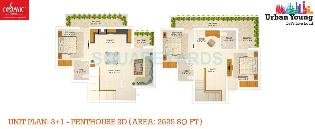 Floor plan of 3 BHK 2525 Sq. Ft. Penthouse in Cosmic Urban Young, Greater Noida