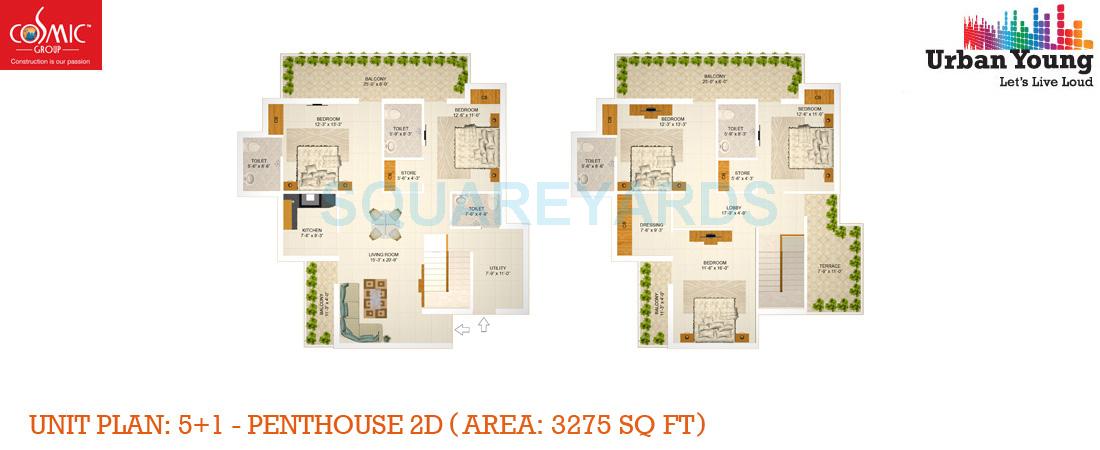 Floor plan of 5 BHK 3275 Sq. Ft. Penthouse in Cosmic Urban Young, Greater Noida