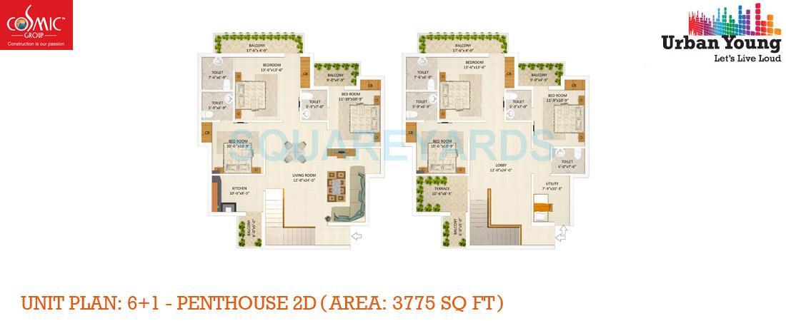Floor plan of 6 BHK 3775 Sq. Ft. Penthouse in Cosmic Urban Young, Greater Noida
