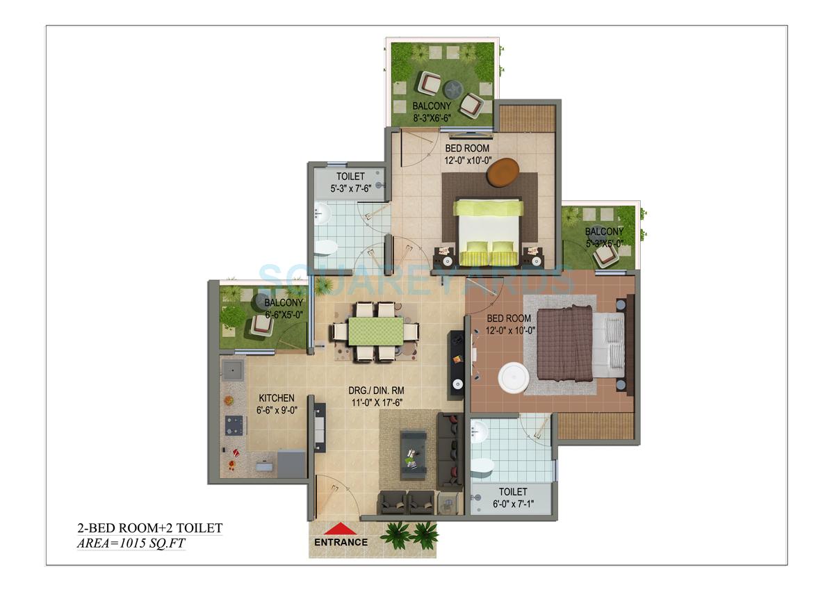 Floor plan of 2 BHK 1015 Sq. Ft. Apartment in Cosmos Shivalik Homes, Greater Noida