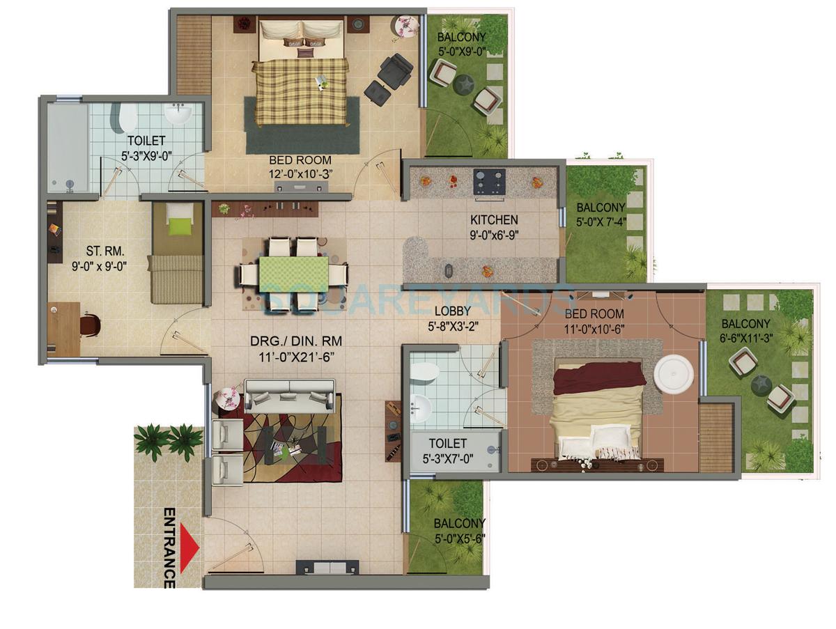 Floor plan of 2 BHK 1285 Sq. Ft. Apartment in Cosmos Shivalik Homes, Greater Noida