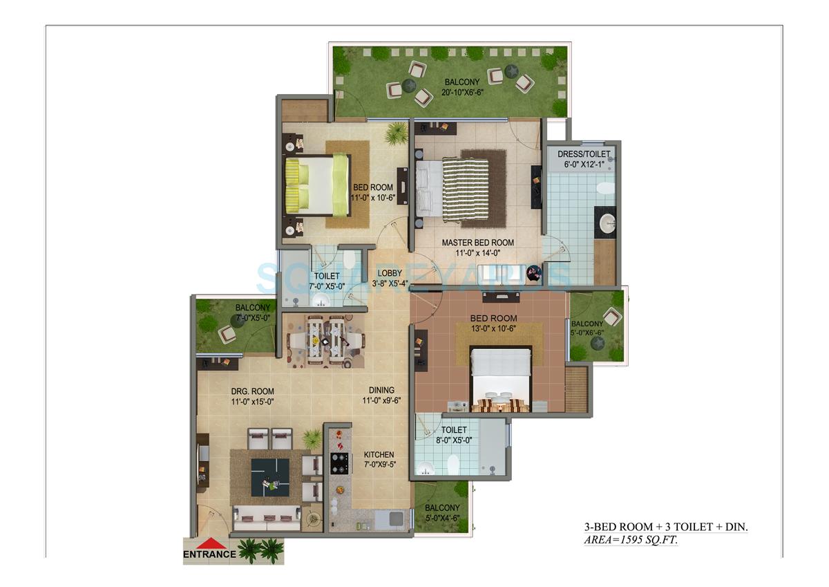 Floor plan of 3 BHK 1595 Sq. Ft. Apartment in Cosmos Shivalik Homes, Greater Noida