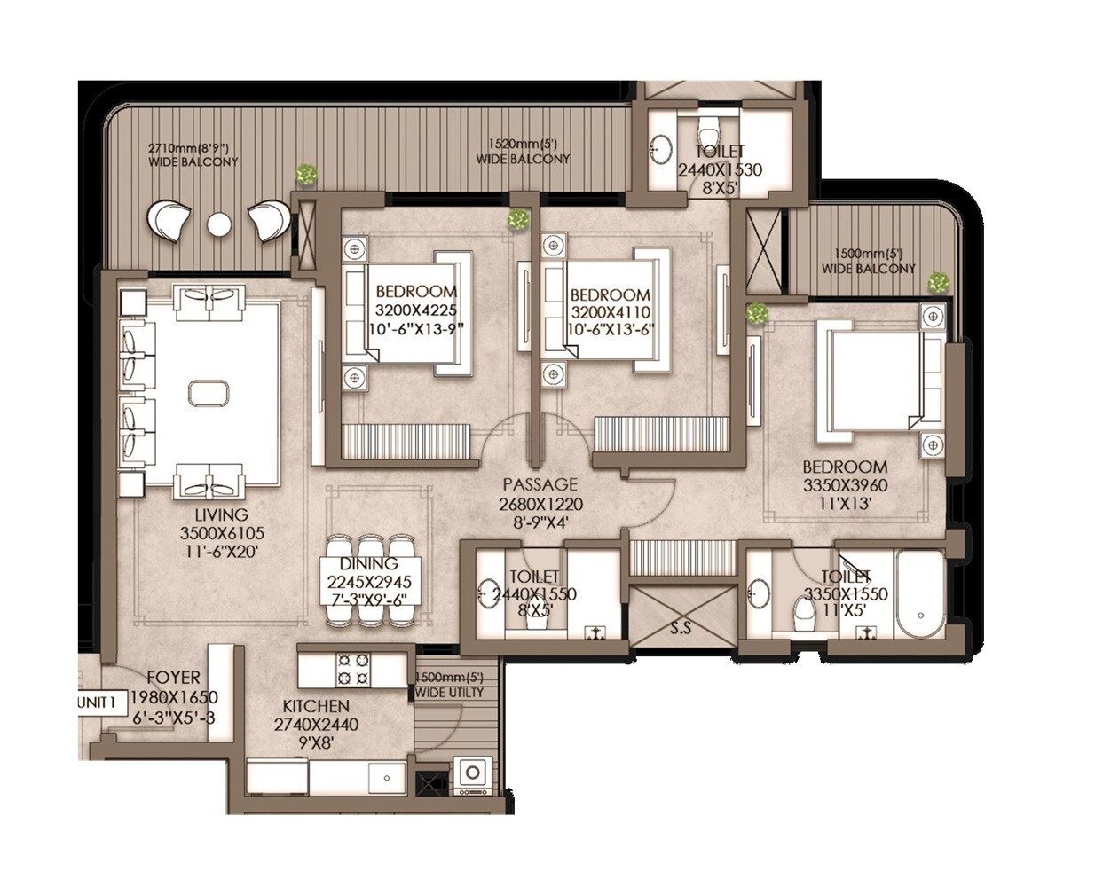 Floor plan of 3 BHK 1720 Sq. Ft. Apartment in CRC Maesta, Greater Noida