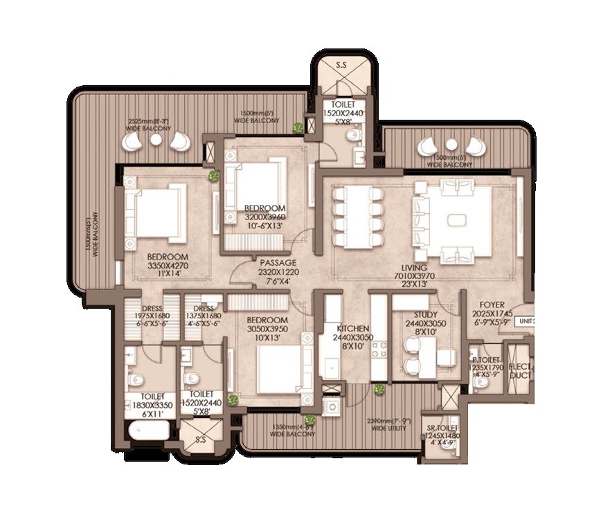 Floor plan of 3 BHK 1975 Sq. Ft. Apartment in CRC Maesta, Greater Noida
