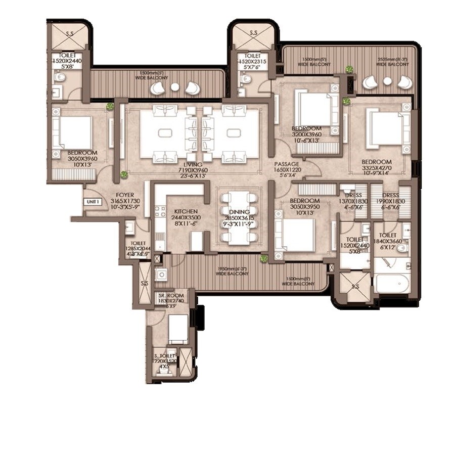 Floor plan of 4 BHK 2650 Sq. Ft. Apartment in CRC Maesta, Greater Noida