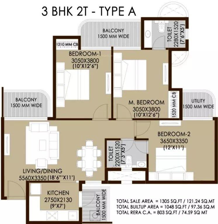 Floor plan of 3 BHK 1305 Sq. Ft. Apartment in CRC Sublimis, Greater Noida