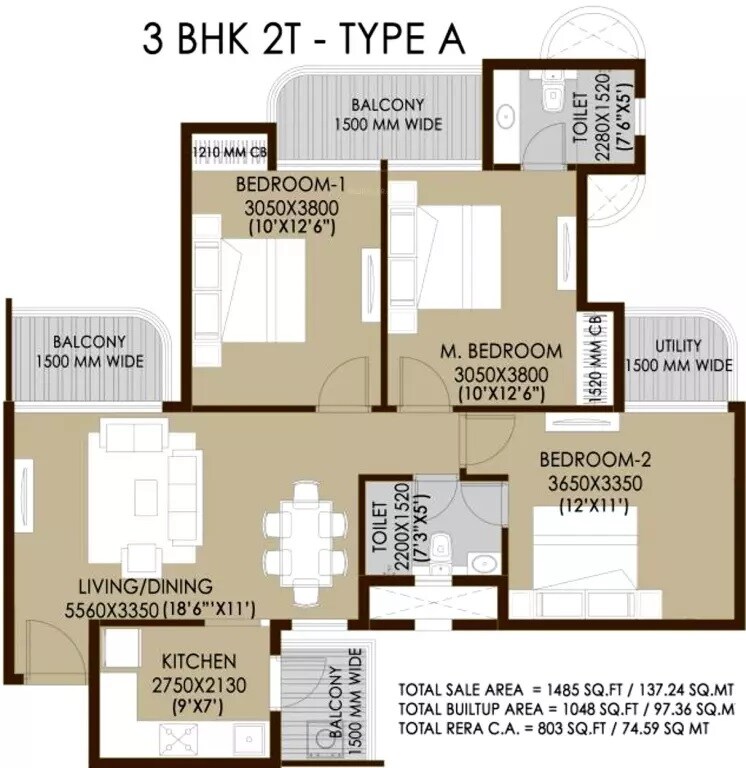 Floor plan of 3 BHK 1485 Sq. Ft. Apartment in CRC Sublimis, Greater Noida
