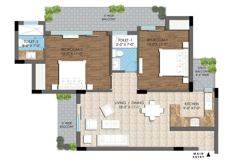 Floor plan of 2 BHK 1150 Sq. Ft. Apartment in DAH Greentech NX Avenue, Greater Noida