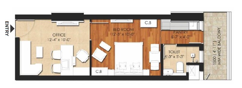 Floor plan of 1 BHK 595 Sq. Ft. Apartment in DAH Greentech NX Corporate Suites, Greater Noida