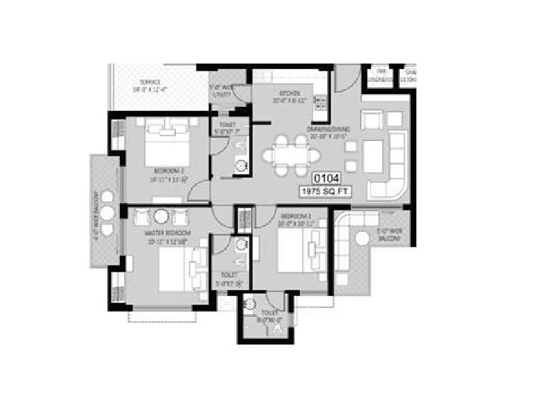 Floor plan of 3 BHK 1975 Sq. Ft. Apartment in DAH NX one Hive, Greater Noida