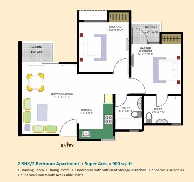 Floor plan of 2 BHK 900 Sq. Ft. Apartment in Dasnac Designarch E Homes, Greater Noida