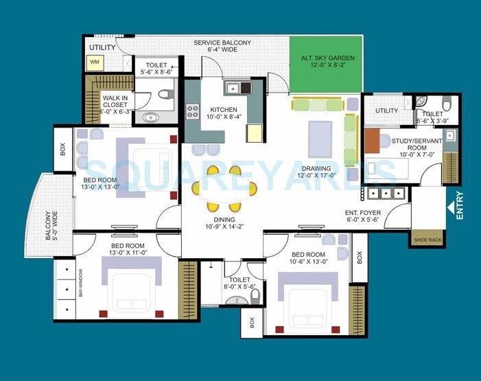 Floor plan of 3 BHK 2175 Sq. Ft. Apartment in Design Arch eHomes, Greater Noida
