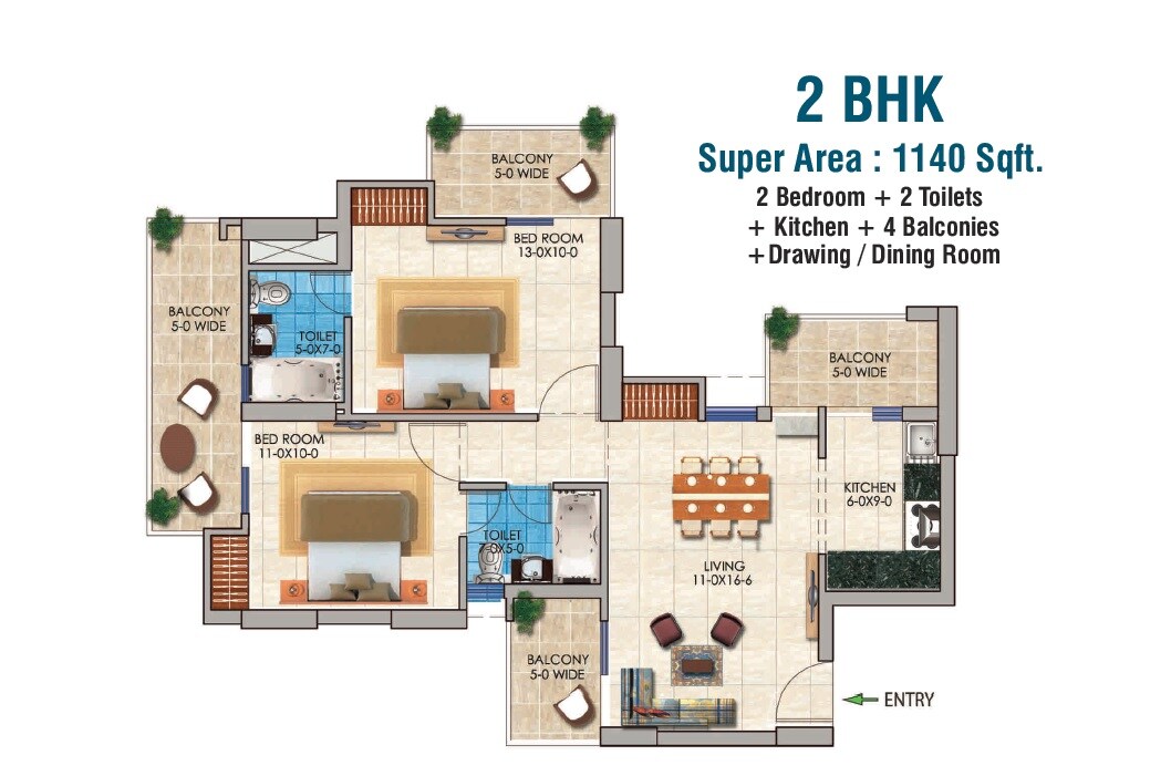 Floor plan of 2 BHK 1140 Sq. Ft. Apartment in Dev Sai Sports Home Phase 2, Greater Noida