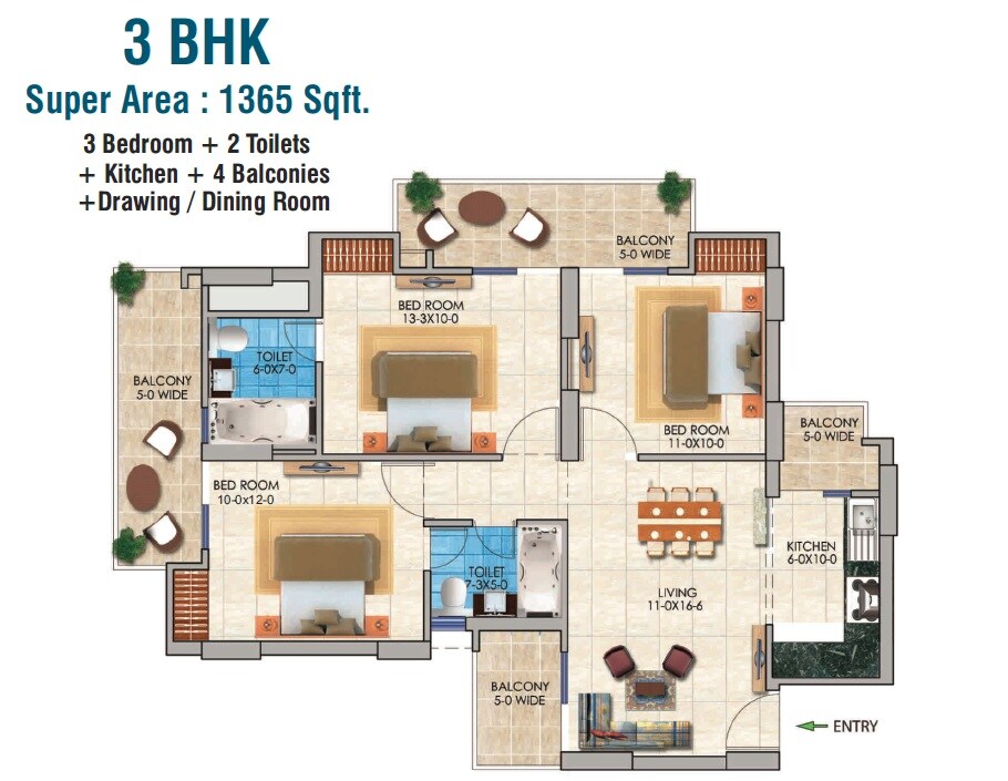 Floor plan of 3 BHK 1365 Sq. Ft. Apartment in Dev Sai Sports Home Phase 2, Greater Noida