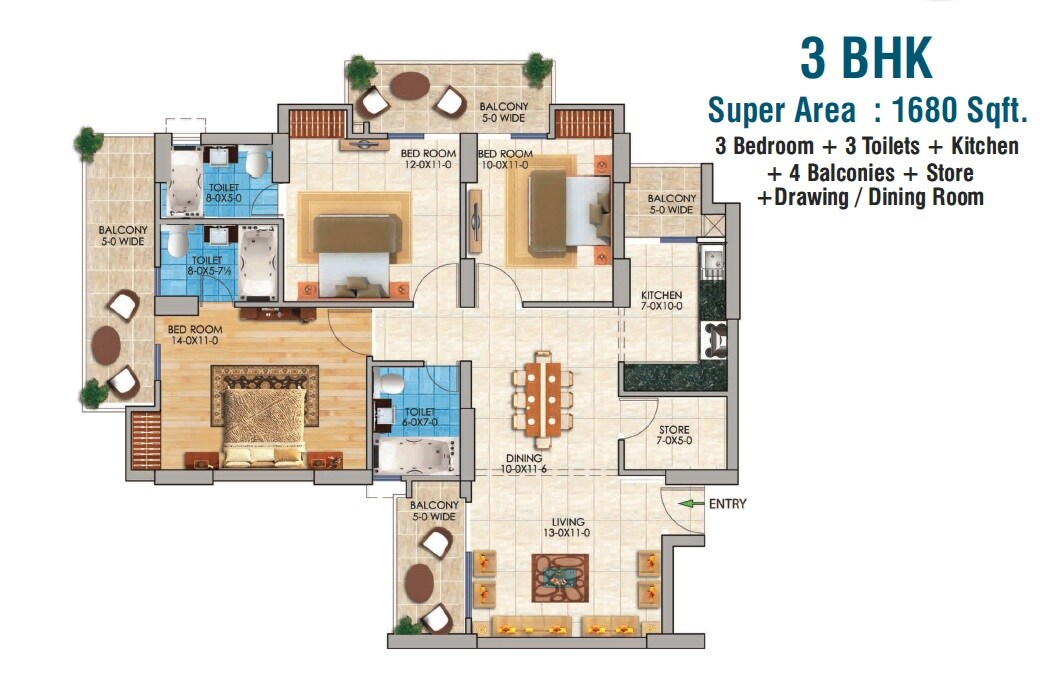 Floor plan of 3 BHK 1680 Sq. Ft. Apartment in Dev Sai Sports Home Phase 2, Greater Noida
