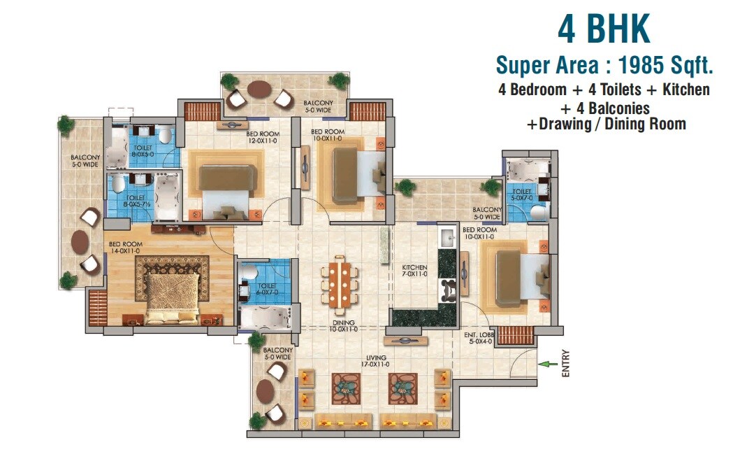 Floor plan of 4 BHK 1985 Sq. Ft. Apartment in Dev Sai Sports Home Phase 2, Greater Noida