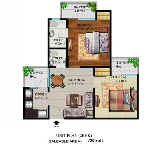 Floor plan of 2 BHK 729 Sq. Ft. Apartment in Devika Gold Homz, Greater Noida