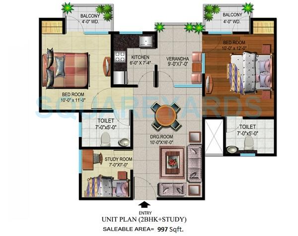 Floor plan of 2 BHK 997 Sq. Ft. Apartment in Devika Gold Homz, Greater Noida