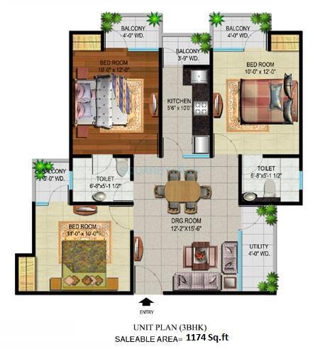 Floor plan of 3 BHK 1174 Sq. Ft. Apartment in Devika Gold Homz, Greater Noida