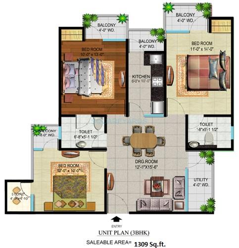 Floor plan of 3 BHK 1309 Sq. Ft. Apartment in Devika Gold Homz, Greater Noida