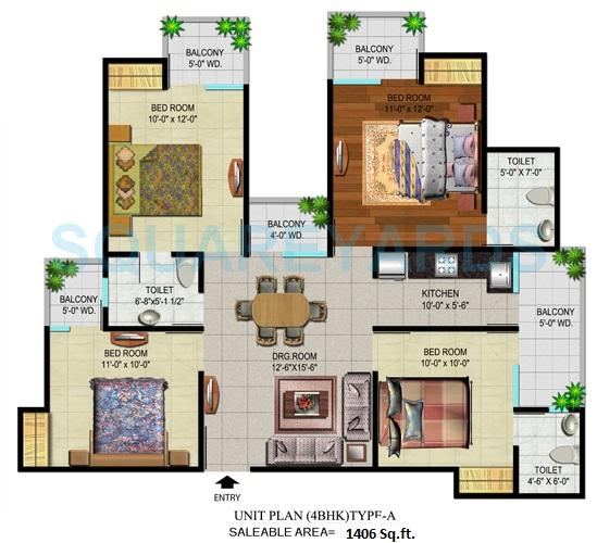 Floor plan of 4 BHK 1406 Sq. Ft. Apartment in Devika Gold Homz, Greater Noida