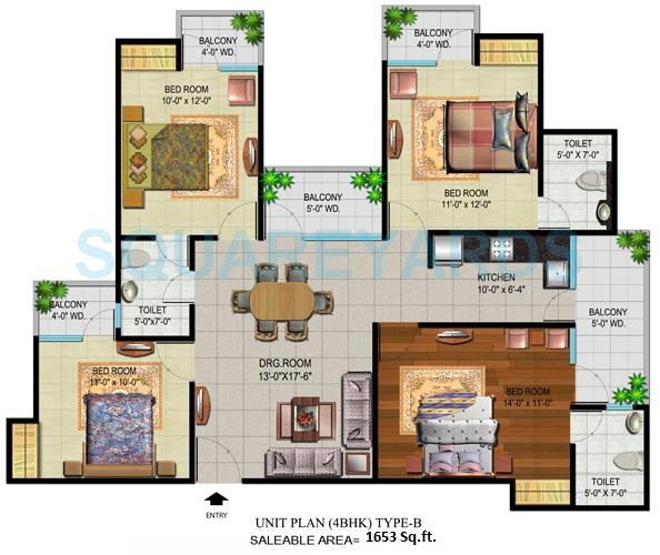 Floor plan of 4 BHK 1653 Sq. Ft. Apartment in Devika Gold Homz, Greater Noida