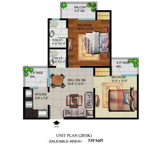 Floor plan of 2 BHK 729 Sq. Ft. Apartment in Devika Gold Homz Phase II, Greater Noida