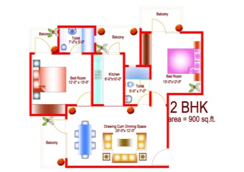 Floor plan of 2 BHK 900 Sq. Ft. Apartment in Dewa Kings Valley, Greater Noida