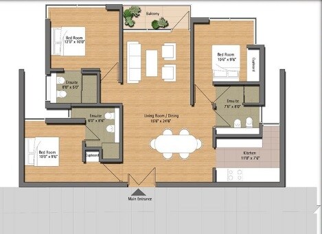 Floor plan of 3 BHK 1549 Sq. Ft. Apartment in Dewa Kings Valley, Greater Noida