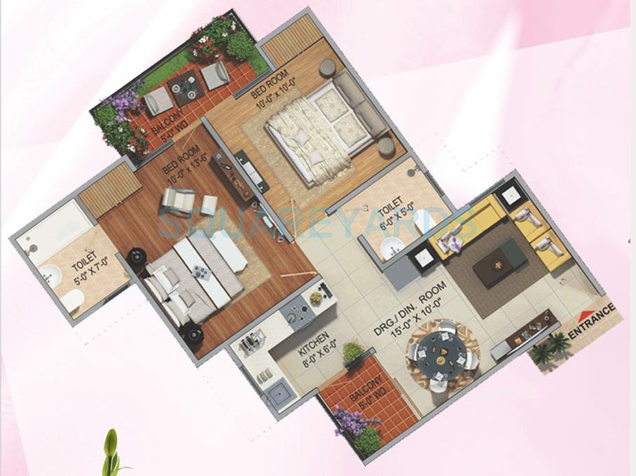 Floor plan of 2 BHK 965 Sq. Ft. Apartment in Divyansh Flora, Greater Noida