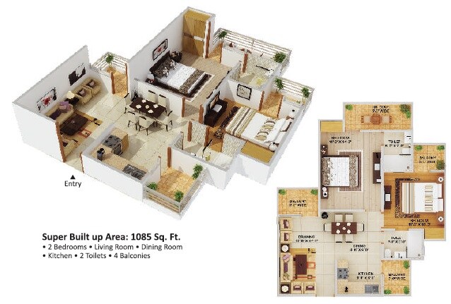 Floor plan of 2 BHK 1085 Sq. Ft. Apartment in Dreamland Classique, Greater Noida