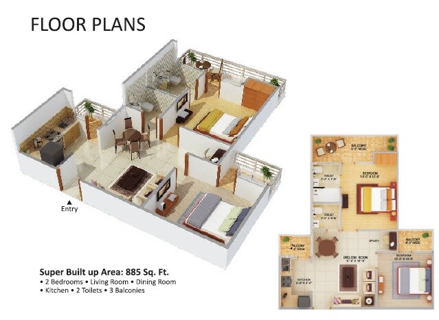 Floor plan of 2 BHK 885 Sq. Ft. Apartment in Dreamland Classique, Greater Noida