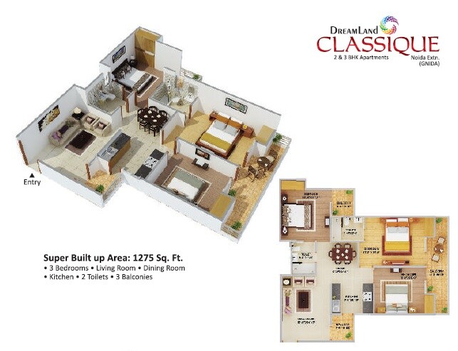 Floor plan of 3 BHK 1275 Sq. Ft. Apartment in Dreamland Classique, Greater Noida