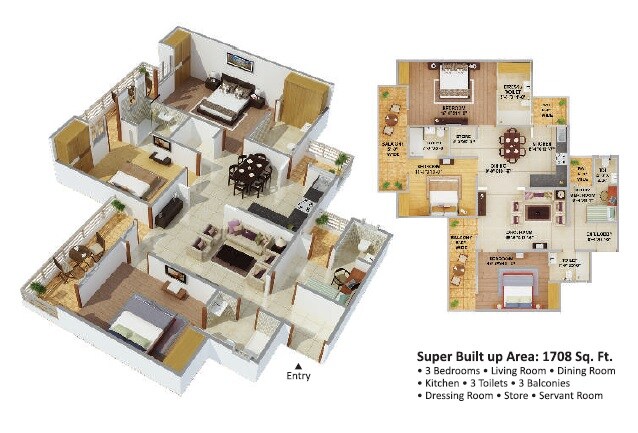Floor plan of 3 BHK 1708 Sq. Ft. Apartment in Dreamland Classique, Greater Noida