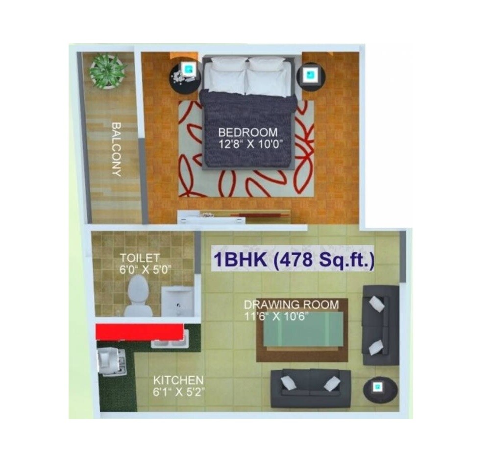 Floor plan of 1 BHK 478 Sq. Ft. Apartment in E3 Royal Green, Greater Noida