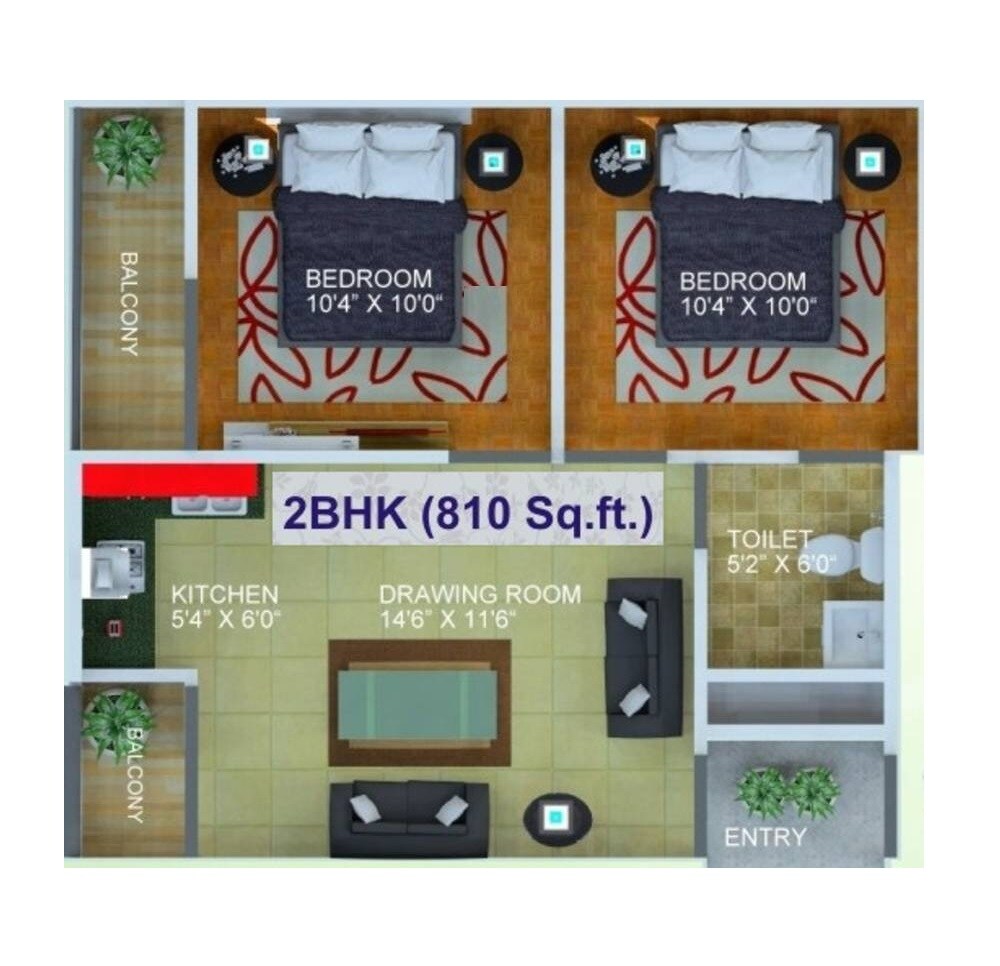 Floor plan of 2 BHK 810 Sq. Ft. Apartment in E3 Royal Green, Greater Noida