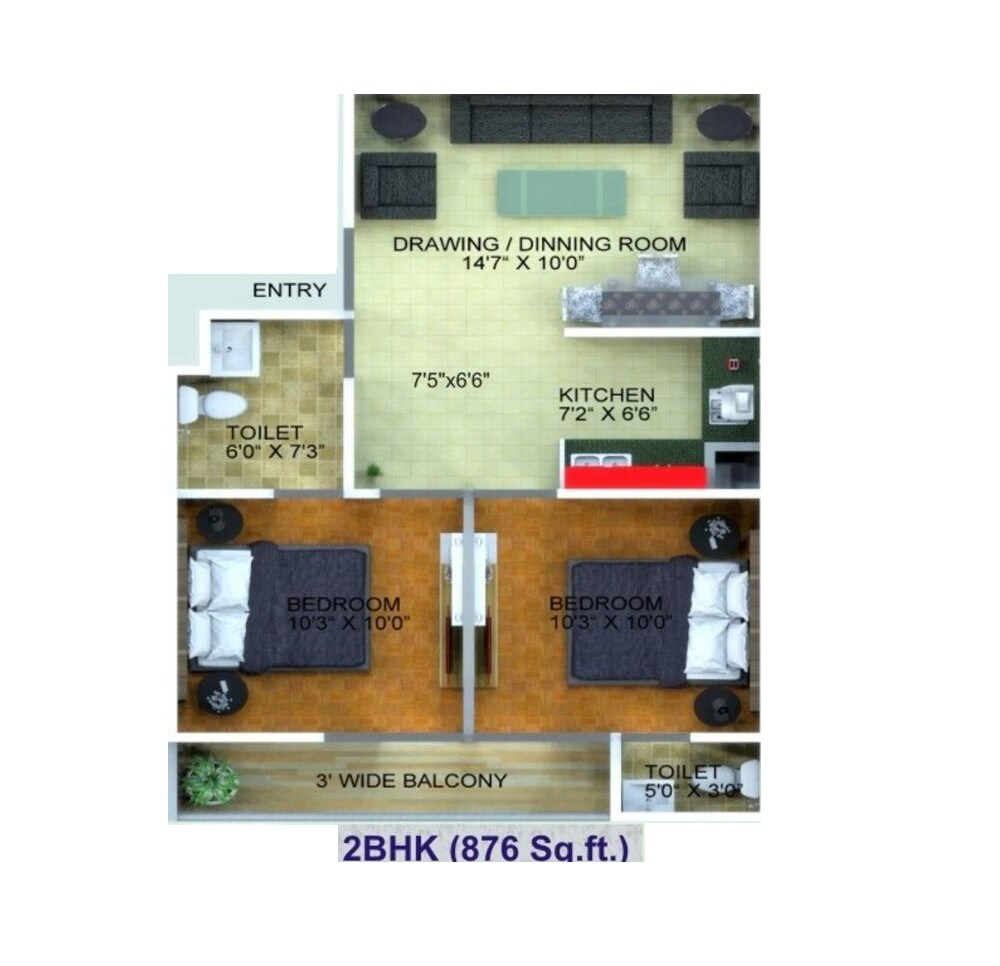 Floor plan of 2 BHK 876 Sq. Ft. Apartment in E3 Royal Green, Greater Noida