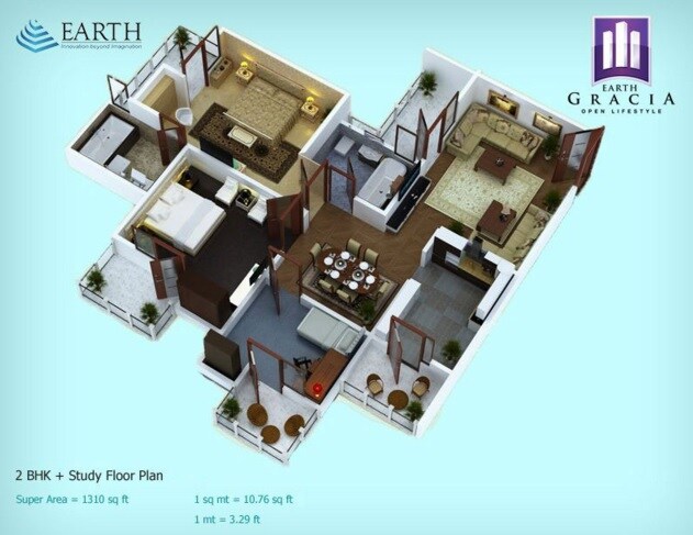 Floor plan of 2 BHK 1310 Sq. Ft. Apartment in Earth Gracia II, Greater Noida