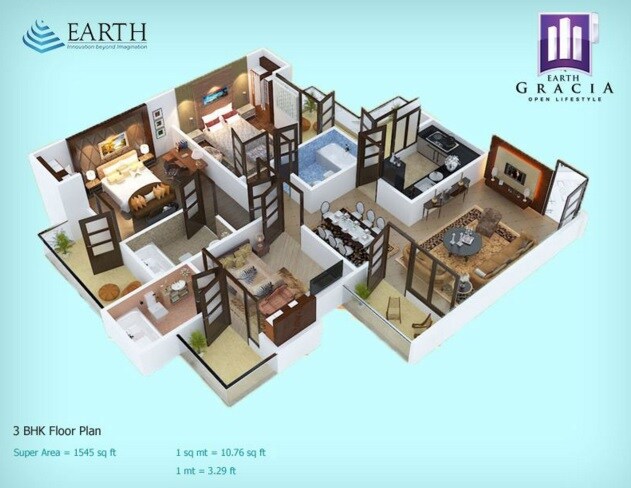 Floor plan of 3 BHK 1545 Sq. Ft. Apartment in Earth Gracia II, Greater Noida