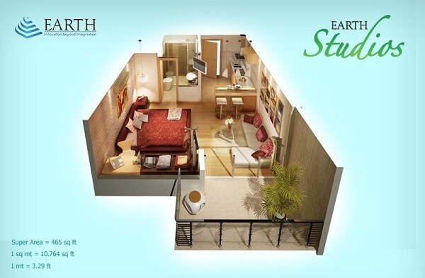 Floor plan of 1 BHK 465 Sq. Ft. Apartment in Earth Studios, Greater Noida