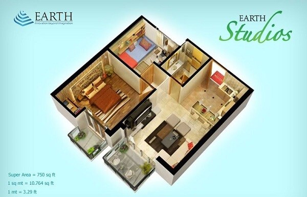 Floor plan of 2 BHK 750 Sq. Ft. Apartment in Earth Studios, Greater Noida