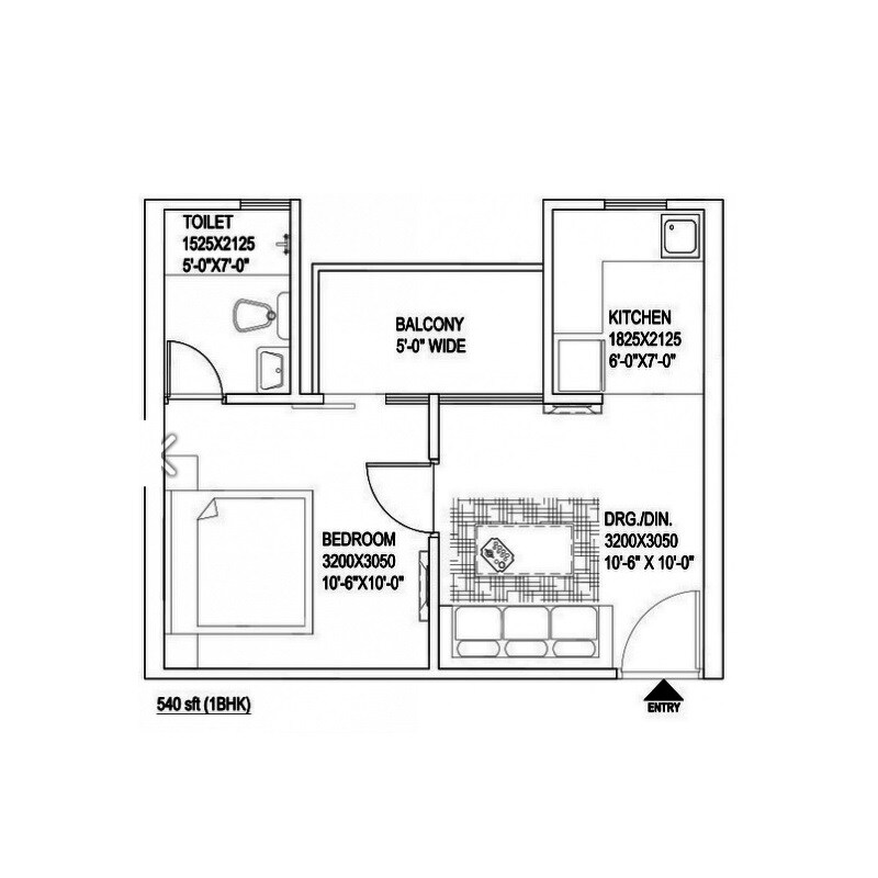 Floor plan of 1 BHK 540 Sq. Ft. Apartment in Earth Towne 2, Greater Noida