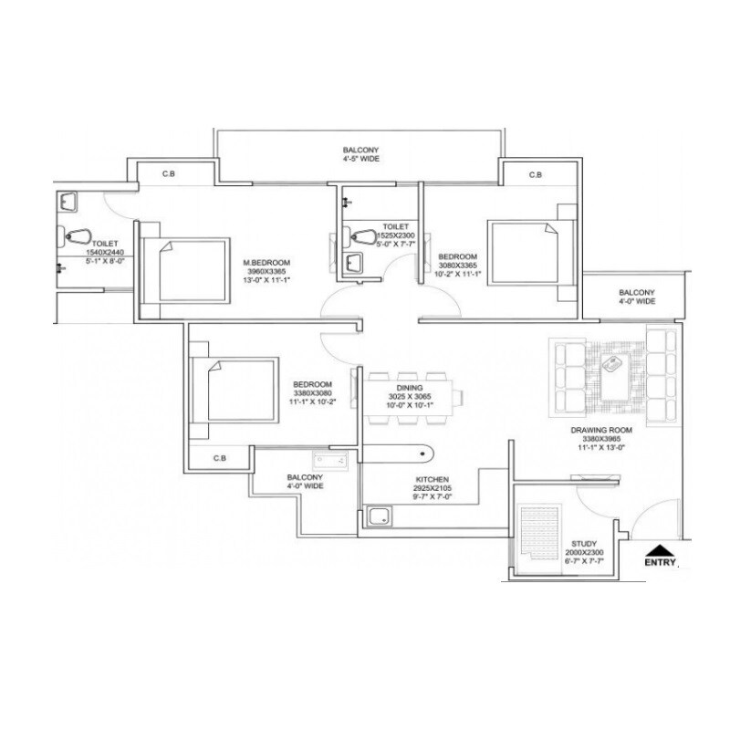 Floor plan of 3 BHK 1795 Sq. Ft. Apartment in Earth Towne 2, Greater Noida