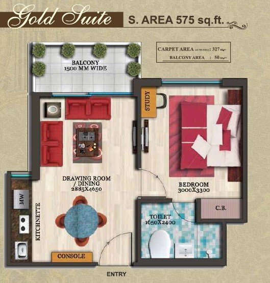 Floor plan of 1 BHK 575 Sq. Ft. Apartment in Earthcon Beetle Suites, Greater Noida