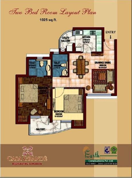 Floor plan of 2 BHK 1025 Sq. Ft. Apartment in Earthcon Casa Grande, Greater Noida