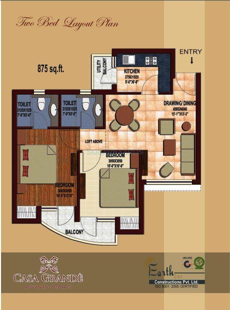 Floor plan of 2 BHK 875 Sq. Ft. Apartment in Earthcon Casa Grande, Greater Noida